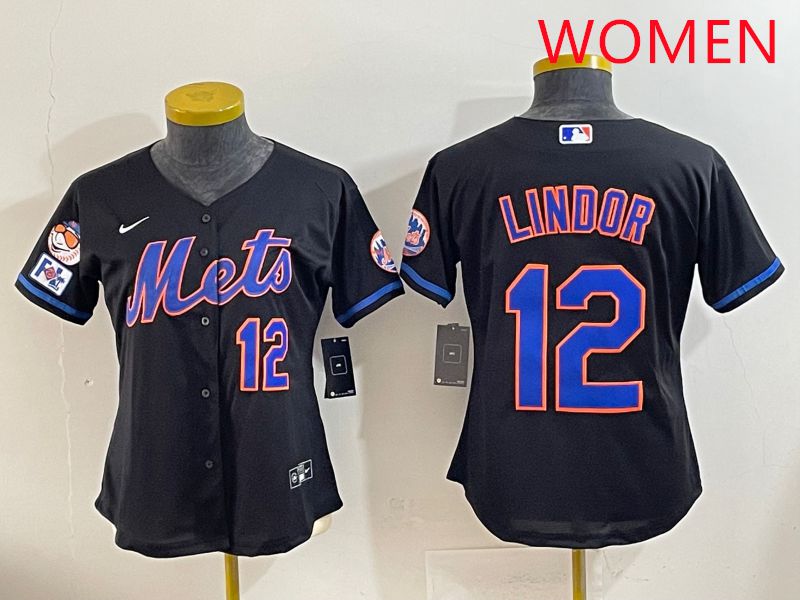 Women 2025 New York Mets #12 Lindor Black Game Nike MLB Jersey style 3